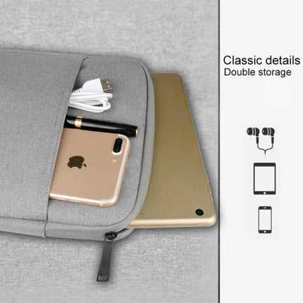 Protective Sleeve for iPad Mini with Accessory Storage Options showing tablet, phone and cables in double-pocket gray sleeve