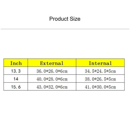 Practical Shoulder Bag for Laptops Up to 15.6 Inches, product size chart showing external and internal dimensions for 13.3, 14, and 15.6 inch models