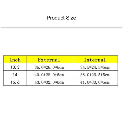 Versatile Protective Laptop Bag for 14-Inch Devices showing product size chart with external 40x28x6cm and internal 38x26.5x5cm dimensions