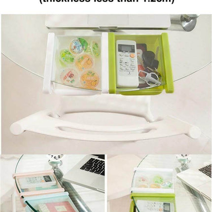 Drawer Style Fridge Storage Rack For Easy Organization under-table drawer showing snacks, remote and accessories for compact organization