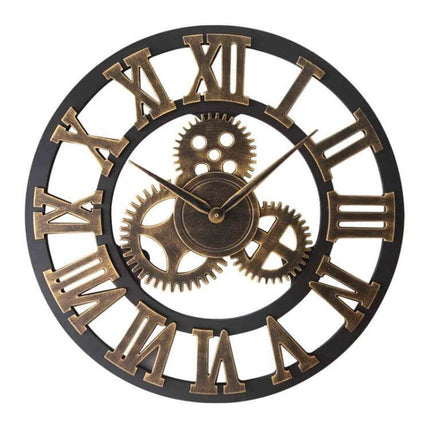 Retro Wooden Round Gear Wall Clock For Living Spaces, 80 cm - vintage 80cm wooden gear wall clock with antique iron finish and silent movement