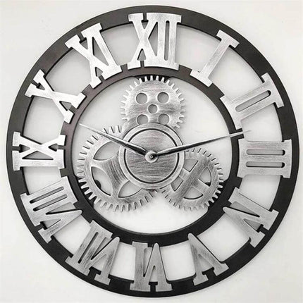 Retro Wooden Round Gear Wall Clock For Living Spaces, 80 cm - vintage round wooden gear wall clock with roman numerals and silent movement