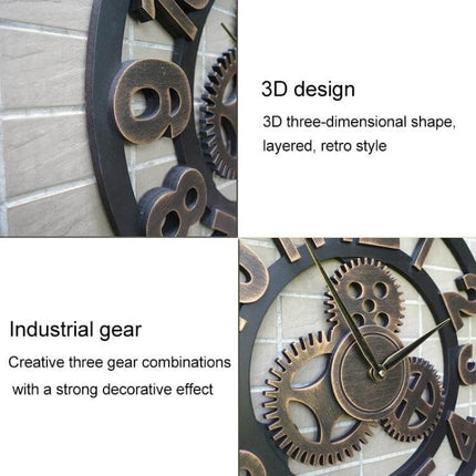 Retro Wooden Round Gear Wall Clock For Living Spaces, 80 cm close-up showing 3D layered wooden gears and antique hand-painted imitation iron finish