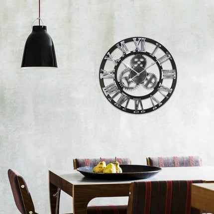 Retro Wooden Round Gear Wall Clock For Living Spaces, 80 cm - vintage wooden gear wall clock with imitation iron finish and silent movement in dining room