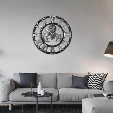 Retro Wooden Round Gear Wall Clock For Living Spaces, 80 cm - vintage wooden gear wall clock over sofa, silent movement, antique iron finish