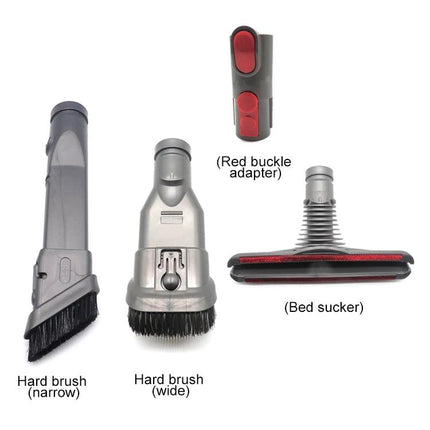 Replacement Brush Kit for Dyson V6 to V10 Vacuums showing narrow hard brush, wide hard brush, red buckle adapter, and bed sucker accessory