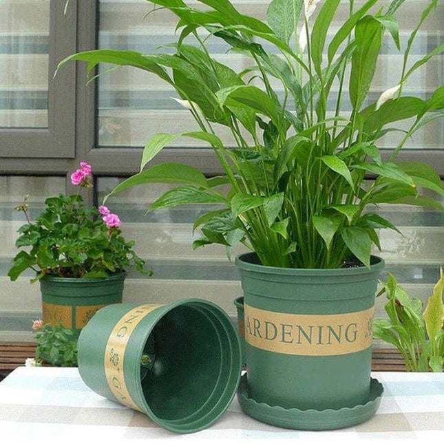 Flower Pot With Tray 12 By 16 By 12 Cm For Large Plants — green PP resin planter with tray, 'GARDENING' band, for large indoor plants, balcony or home office