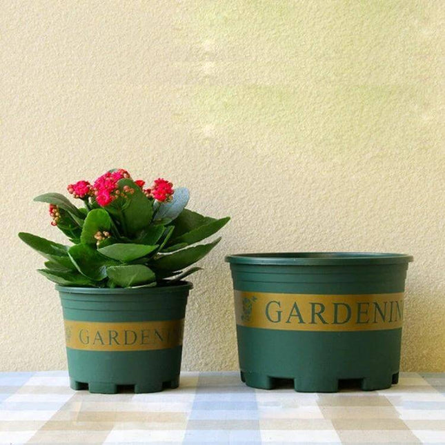 Flower Pot With Tray 12 By 16 By 12 Cm For Large Plants - green PP resin pot with tray labeled GARDENING, suitable for large indoor plants