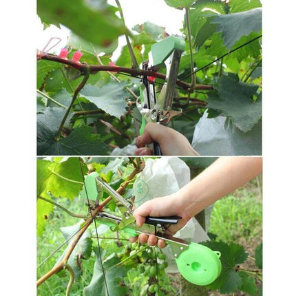 Agriculture Tape Tool Hand Tying Machine For Garden Plants Green handheld tying device securing vines to stakes in a garden, one-handed use