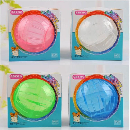 Essential hamster ball for indoor play and exploration - four colorful hamster exercise balls in retail packaging (pink, white, green, blue)