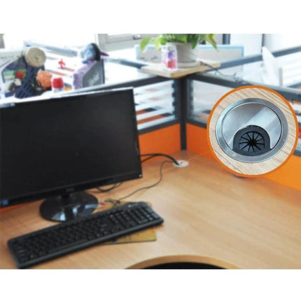 Desk Cable Hole Cover, 53mm Opening, Plastic Round, 10 Pcs installed on office desk organizing monitor and keyboard cables