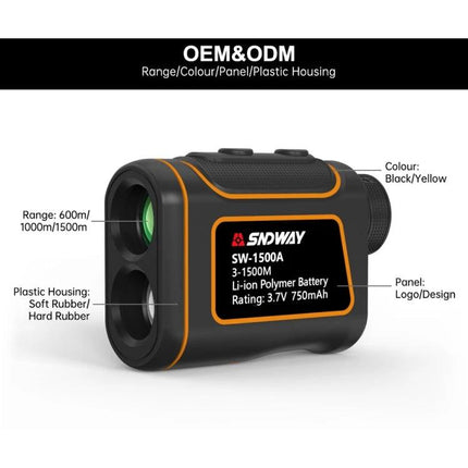 SNDWAY Waterproof Handheld Range Finder for Outdoor Measurements showing black yellow SW-1500A laser rangefinder with labeled features