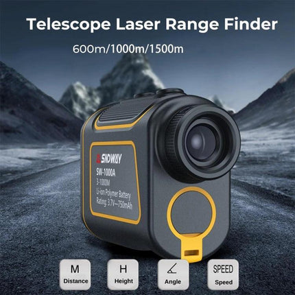 SNDWAY Waterproof Handheld Range Finder for Outdoor Measurements shown angled on mountain road with range, angle and speed icons