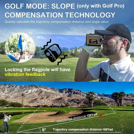 SNDWAY Waterproof Handheld Range Finder for Outdoor Measurements used in golf mode showing slope compensation and vibration flagpole feedback