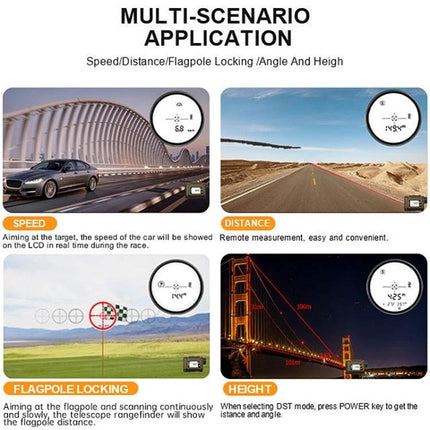 SNDWAY Waterproof Handheld Range Finder for Outdoor Measurements showing speed distance flagpole locking and height modes