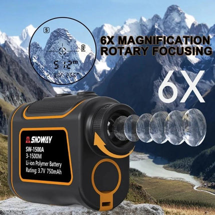 SNDWAY Handheld Waterproof Range Finder for Outdoor Distance Measuring showing 6x magnification and rotary focusing with mountain view