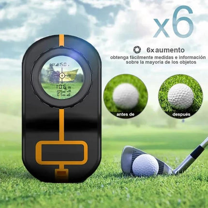 SNDWAY Handheld Waterproof Range Finder for Outdoor Distance Measuring showing 6x magnification and golf use on grassy course