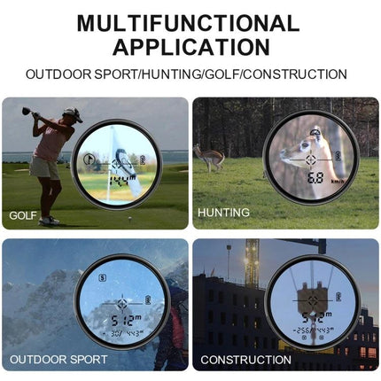 SNDWAY Handheld Waterproof Range Finder for Outdoor Distance Measuring showing multifunctional uses: golf, hunting, outdoor sport, construction