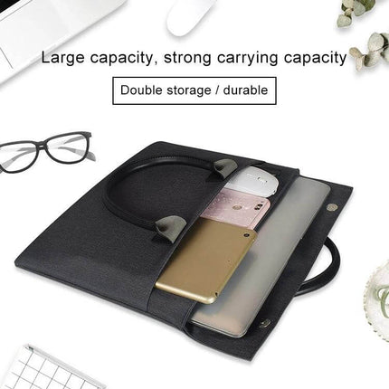 Protective Laptop Sleeve for 15.4-Inch Devices with Carry Handle black sleeve with handle holding laptop phone and accessories
