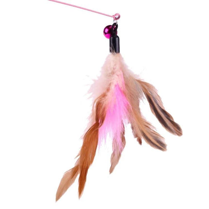 Alt Tag: Interactive Feather Wand Toy for Daily Pet Play and Bonding Sessions - pink feather wand with bell for cat play