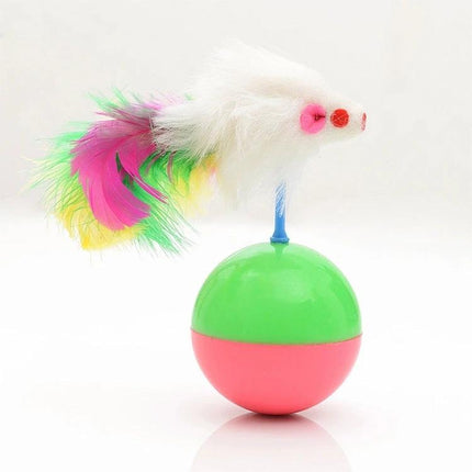 Feather Mouse Toy Ball for Cats' Daily Home Playtime - colorful feathered mouse on green-pink wobble ball for indoor cat chasing and pouncing