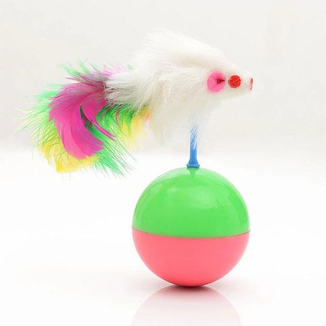 Feather Mouse Toy Ball for Cats' Daily Home Playtime - colorful feathered mouse on green-pink wobble ball for indoor cat chasing and pouncing