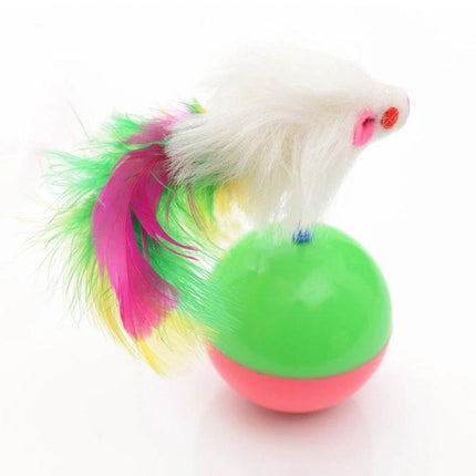 Feather Mouse Toy Ball for Cats' Daily Home Playtime - green and pink plastic ball with white feathered mouse and colorful tail