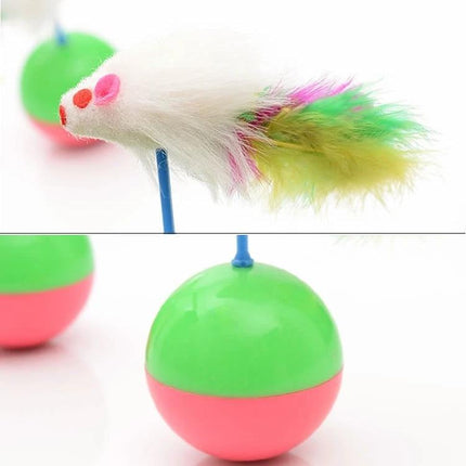 Feather Mouse Toy Ball for Cats' Daily Home Playtime - white feather mouse with multicolor tail and pink-green wobble ball for indoor play