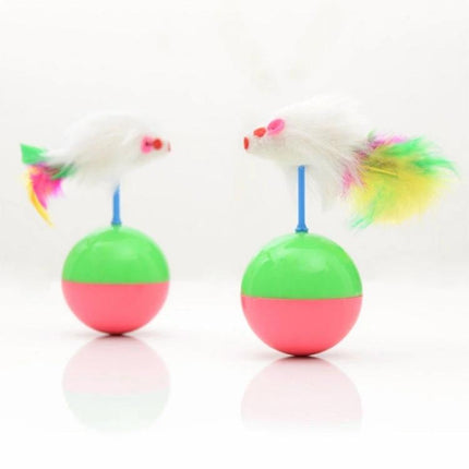 Feather Mouse Toy Ball for Cats' Daily Home Playtime — two colorful feathered mouse balls on green-and-pink wobble bases for indoor cat chasing and pouncing