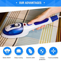 Portable Handheld Fabric Steamer with Interchangeable Brushes and Measuring Cup for Travel and Home Use