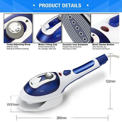 Handheld Travel Clothes Steamer Blue For Wrinkle Free Garments compact blue handheld steamer with ceramic soleplate and water fill cap, travel-friendly size