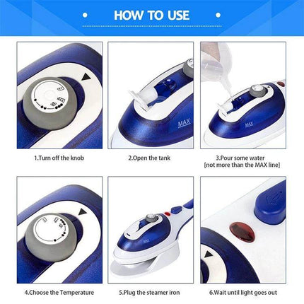 Handheld Travel Clothes Steamer Blue For Wrinkle Free Garments - blue compact travel steamer showing how to fill, set temperature, plug in and use (step-by-step)