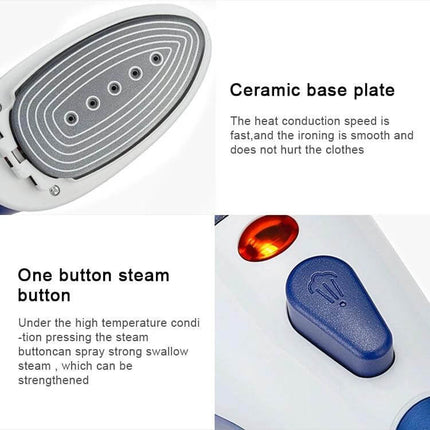 Handheld Travel Clothes Steamer Blue For Wrinkle Free Garments showing ceramic base plate and one button steam control
