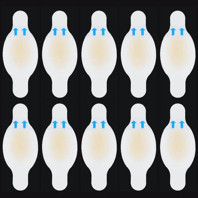 Foot Care Hydrogel Plaster for Heel Blisters 28x69cm showing ten adhesive hydrogel heel patches on black background