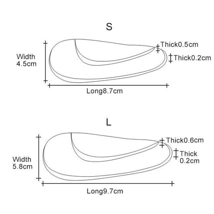 Kids Gel Insoles Size L For Daily Arch Support In Shoes - L size diagram 9.7cm long, 5.8cm wide, 0.6cm heel thickness, 0.2cm toe thickness