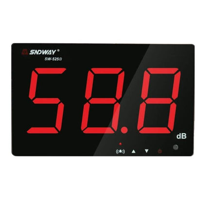 SNDWAY Wall-Mounted Decibel Sound Level Meter for Noise Monitoring large red LED display showing 58.8 dB on black wall-mounted unit