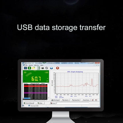 SNDWAY Wall-Mounted Decibel Sound Level Meter for Noise Monitoring USB data storage transfer showing 60.7 dB and SPL graph on computer screen