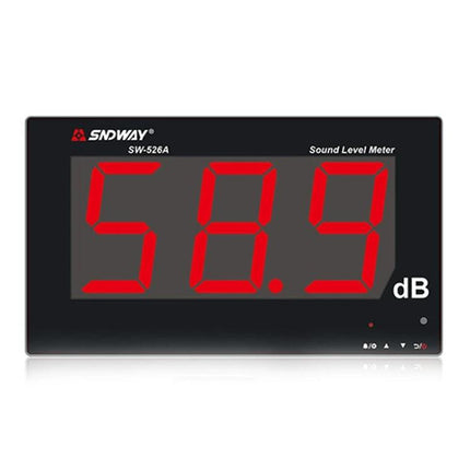 SNDWAY Wall-Mounted Sound Level Meter with Large Display mounted showing 58.9 dB on large red LED screen