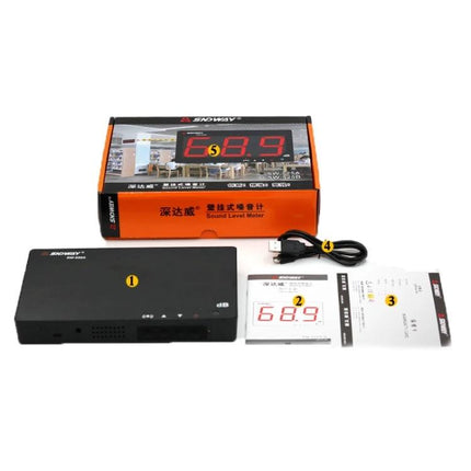 SNDWAY Wall-Mounted Sound Level Meter with Large Display showing device, box, USB cable and manual for office noise monitoring