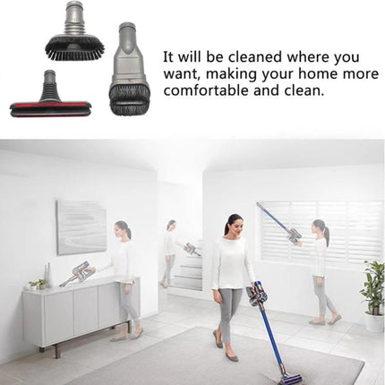 Versatile 3 in 1 Brush Set for Dyson Vacuum Cleaners – Round, Stiff, and Bed Brushes showing three brush heads and a person cleaning various home surfaces