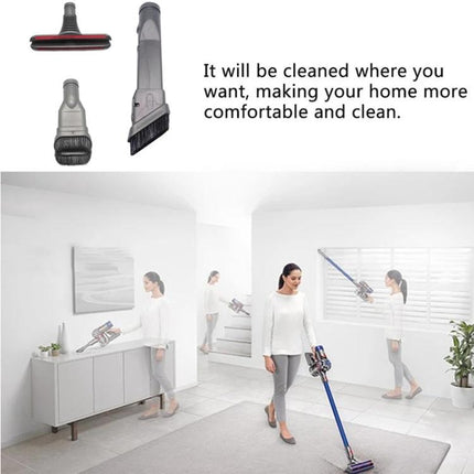 3-Piece Replacement Brush Set for Dyson Handheld Vacuums shown with compatible brush heads cleaning furniture, car interiors and tight home spaces