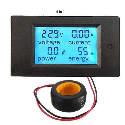 Digital Meter for Monitoring Home Electrical Voltage and Current pzem-061 V2.0 panel showing voltage current power energy readings, with current transformer