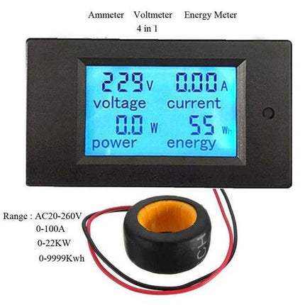 Digital Meter for Monitoring Home Electrical Voltage and Current - PZEM-061 V2.0 display showing voltage, current, power and energy readings