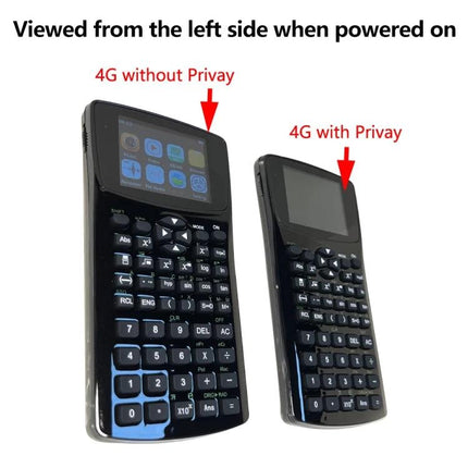 Multifunctional Anti-Peeping Calculator with E-Book Features showing left-side view comparison of screen with and without privacy filter