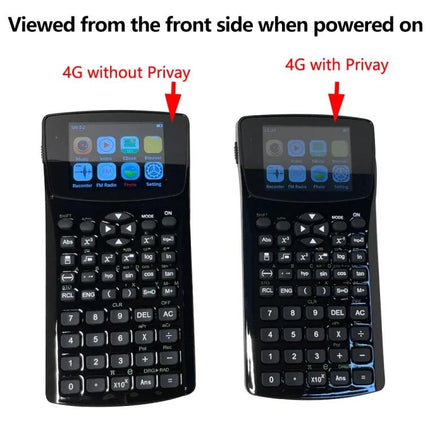 Multifunctional Anti-Peeping Calculator with E-Book Features showing front view with and without privacy screen powered on