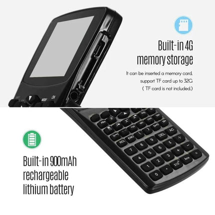 Multifunctional Anti-Peeping Calculator with E-Book Features showing anti-peep screen, keypad, 4G memory slot and 900mAh rechargeable battery
