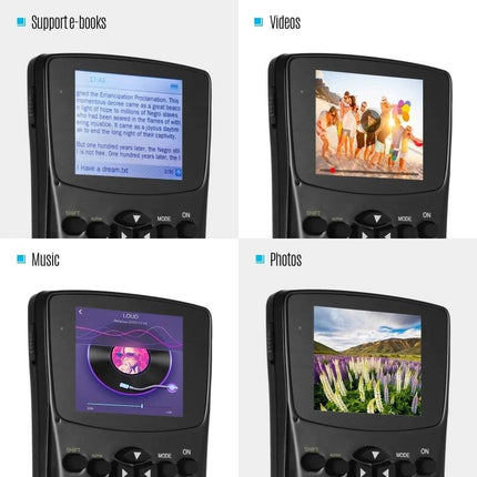 Multifunctional Anti-Peeping Calculator with E-Book Features shown displaying e-book, video, music and photo playback on privacy screen