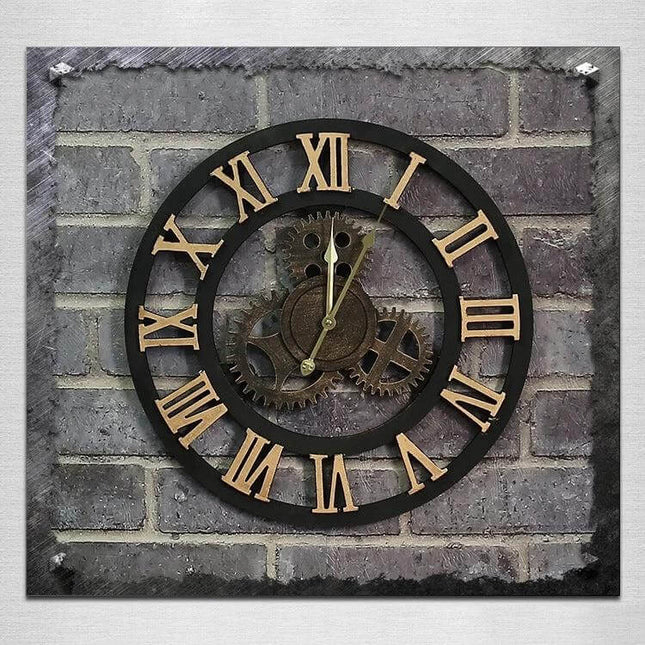 Industrial Gear Wall Clock 50cm For Living Room Decor - 50cm square industrial gear clock with Roman numerals on brick wall, silent quartz movement