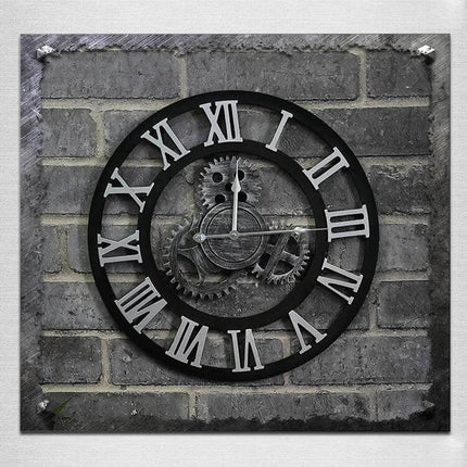 Industrial Gear Wall Clock 50cm For Living Room Decor — 50cm square industrial gear wall clock with numeric Roman dial and silent quartz movement on brick wall