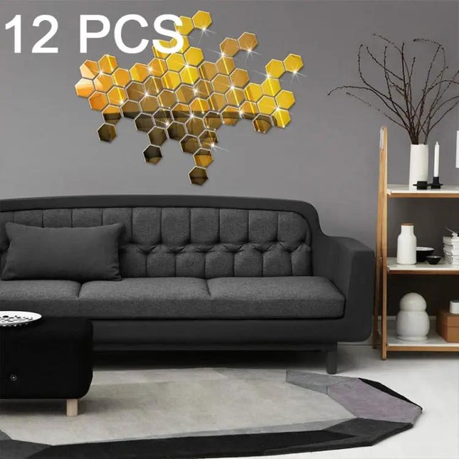 Hexagonal Mirror Wall Tiles Set 12 Pieces For Living Room Decor | Syndmart